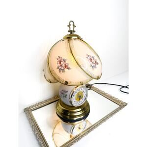 Vintage Floral Lamp Pink Rose Glass And Brass Shade Milk Glass Base Table Lamp